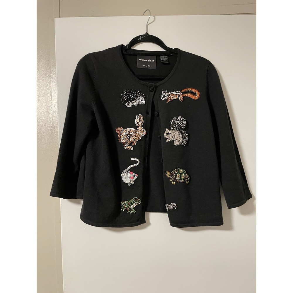 Vintage Michael Simon Sweater Womens Small Black Beaded Animals Cardigan Knit